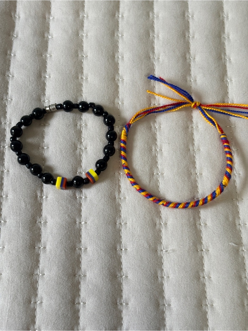 Colombian Flag Bracelet Set Yellow Blue Red Woven String & Beaded Souvenir Stack